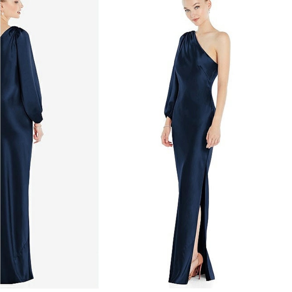ONE-SHOULDER PUFF SLEEVE MAXI BIAS DRESS w SIDE SLIT IN MIDNIGHT NAVY